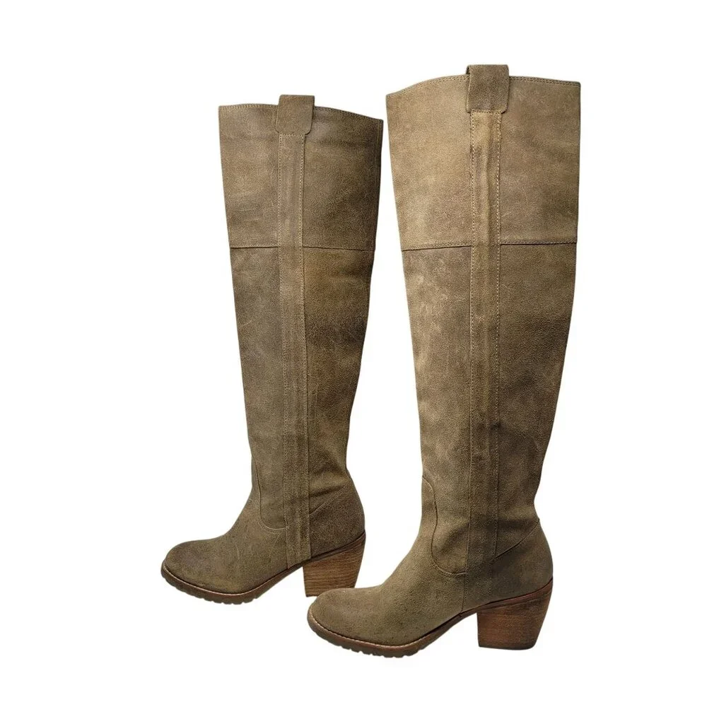 Report Belzer Over Knee Tan Suede Leather Boots Sz 7.5 Distressed Tall Boho‎